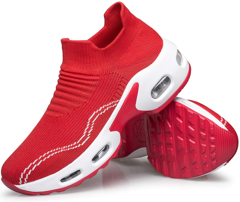 DOUSSPRT Womens Walking Shoes Slip on Sock Sneakers Lady Girls Nurse Mesh Air Cushion Platform Loafers Fashion Casual Running Red US Size 8.5 - Image 3